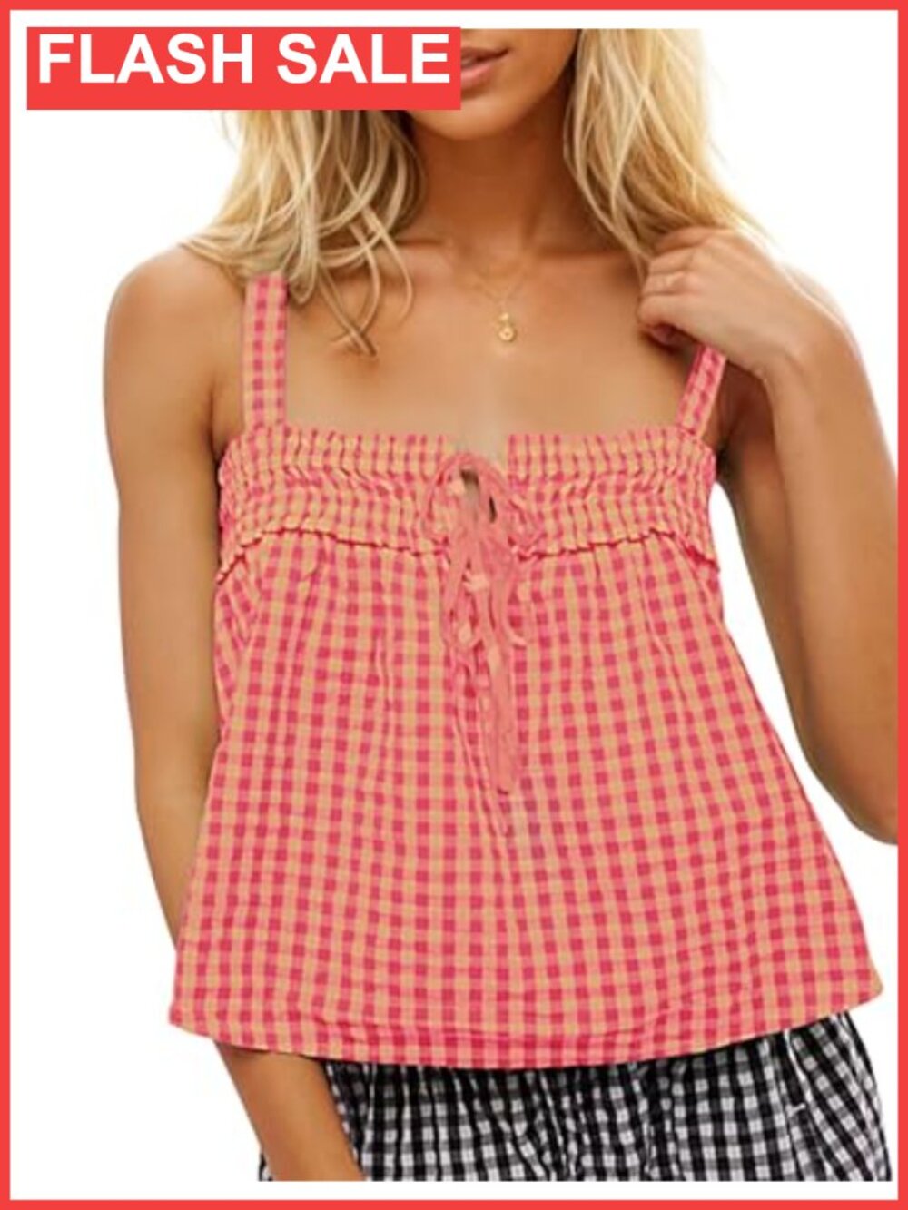 Plaid Cropped Camisole Tie Front Square Neck Loose Cami Tank Top